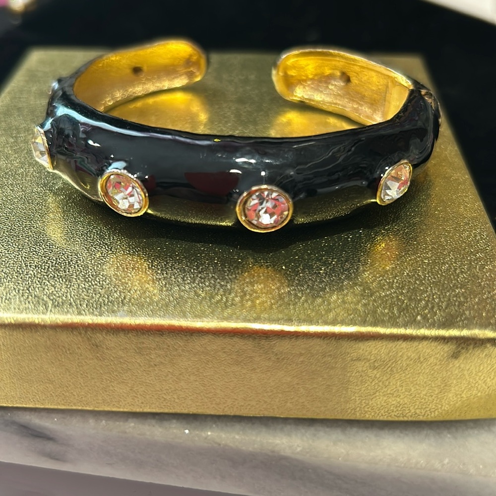 Vintage Black Enamel Hinged 3/4” Cuff with Crystals Bracelet-boutique